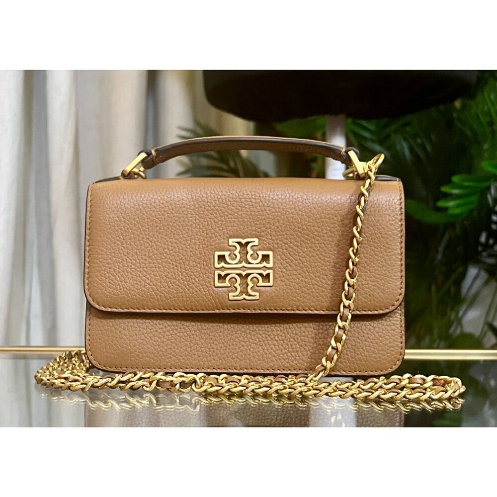 TORY BURCH CAMEL BROWN BRITTEN WITH GOLD HARDWARE HANDBAG - Picture 2 of 13
